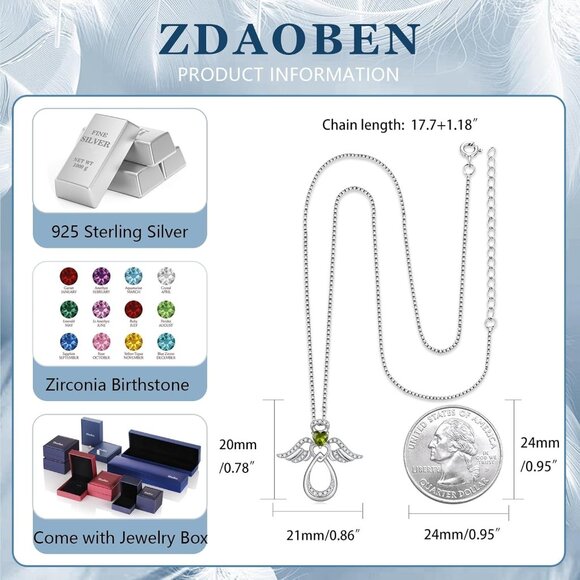 925 Sterling Silver Guardian Angel Pendant Necklace, 12 Birthstones, 19 inch Cha - Picture 6 of 7